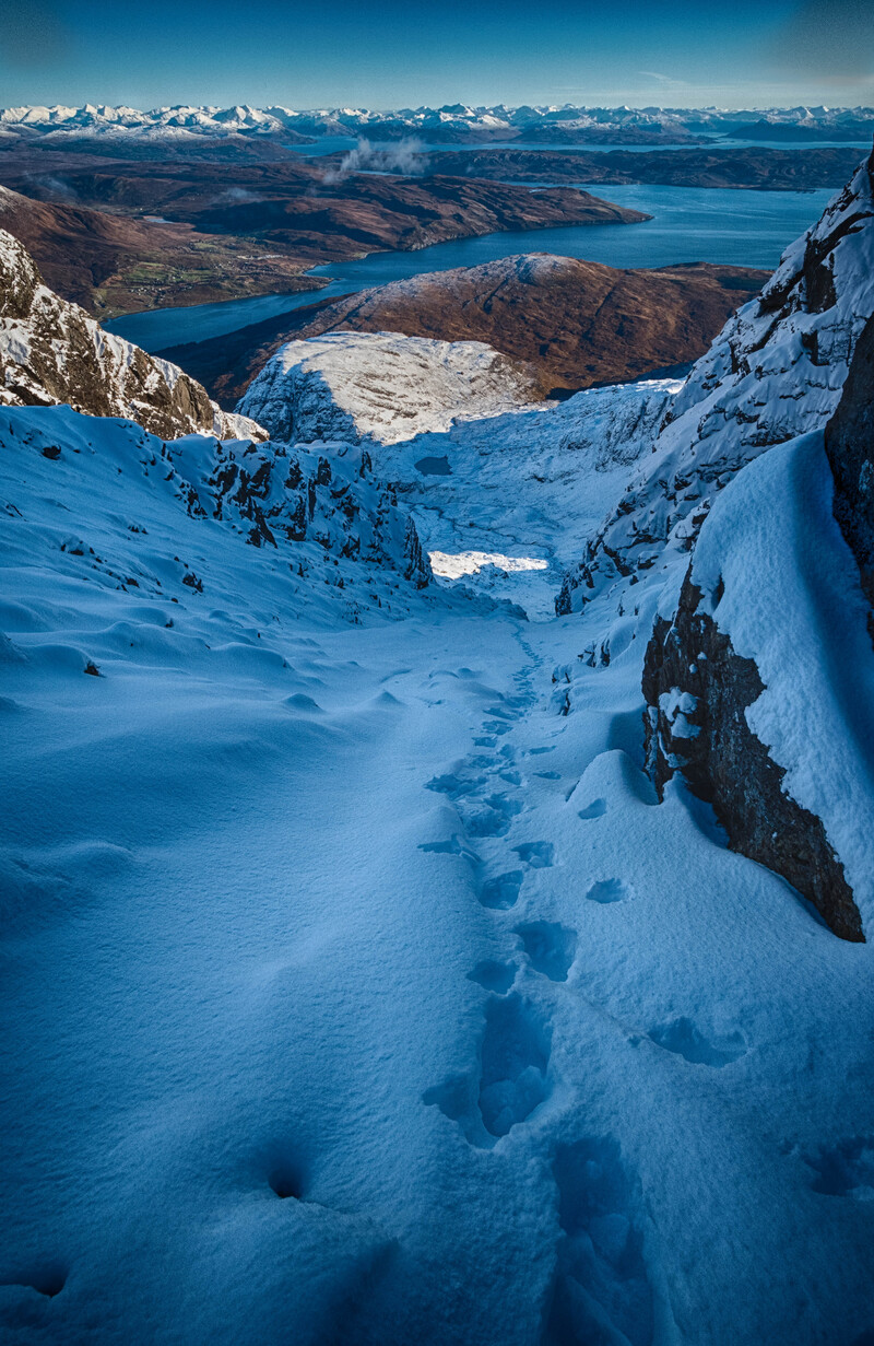 Looking down Great Gully on Blaven to the mountains of the mainland