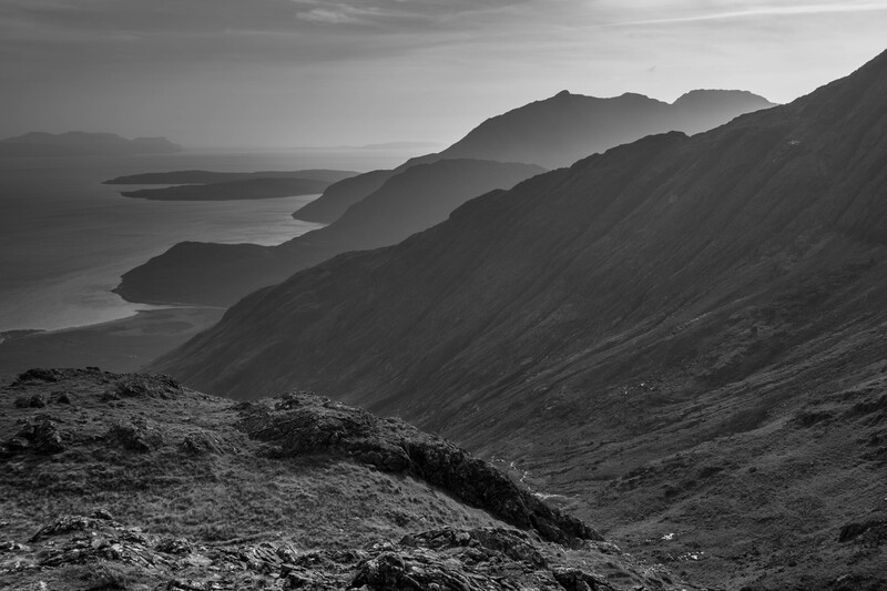 Evening sunshine on the Black Cuillin, seen across the SW ridge of Blaven